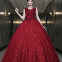 Burgundy tulle sequins long prom dress A line evening dress - Thumbnail 2