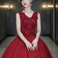 Burgundy tulle sequins long prom dress A line evening dress - Thumbnail 3