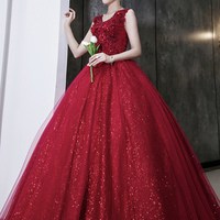 Burgundy tulle sequins long prom dress A line evening dress - Thumbnail 5