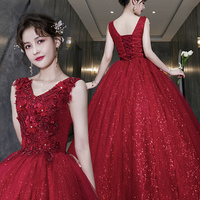 Burgundy tulle sequins long prom dress A line evening dress - Thumbnail 4