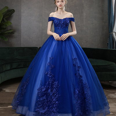 Blue tulle lace long ball gown dress blue evening dress