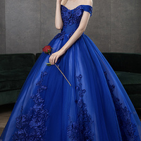 Blue tulle lace long ball gown dress blue evening dress - Thumbnail 2