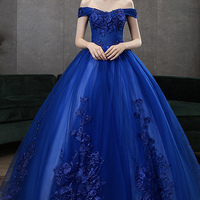 Blue tulle lace long ball gown dress blue evening dress - Thumbnail 4