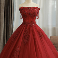 Burgundy tulle lace long prom dress A line evening gown - Thumbnail 1