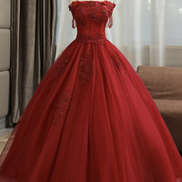 Burgundy tulle lace long prom dress A line evening gown - Thumbnail 6