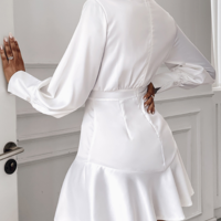 White Women Ruffle Long Sleeve Dress - Thumbnail 2