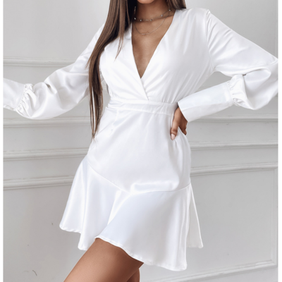 White Women Ruffle Long Sleeve Dress