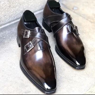Men's handmade brown monk straps leather lace up dress shoes,oxford shoes - Thumbnail 2