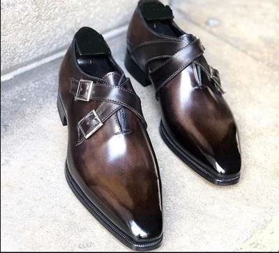 Men's Handmade Brown Monk Straps Leather Lace Up Dress Shoes,Oxford Shoes