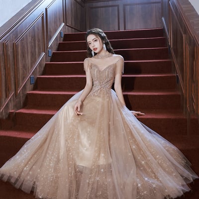 Champagne tulle beads long prom dress a line evening dress - Thumbnail 2