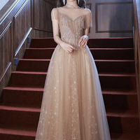 Champagne tulle beads long prom dress A line evening dress - Thumbnail 1