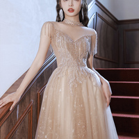 Champagne tulle beads long prom dress A line evening dress - Thumbnail 2