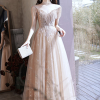 Champagne tulle beads long prom dress A line evening dress - Thumbnail 4