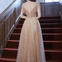 Champagne tulle beads long prom dress A line evening dress - Thumbnail 5