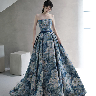 Blue printed strapless ball gown formal dress - Thumbnail 1