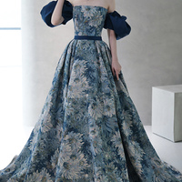 Blue Printed Strapless Ball Gown Formal Dress - Thumbnail 2