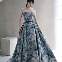 Blue Printed Strapless Ball Gown Formal Dress - Thumbnail 5