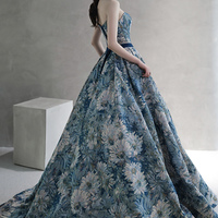 Blue Printed Strapless Ball Gown Formal Dress - Thumbnail 4