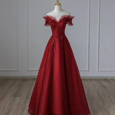 Burgundy tulle sequins long prom dress evening dress - Thumbnail 3