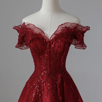 Burgundy tulle sequins long prom dress evening dress - Thumbnail 1