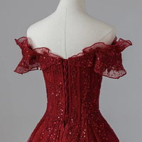 Burgundy tulle sequins long prom dress evening dress - Thumbnail 2