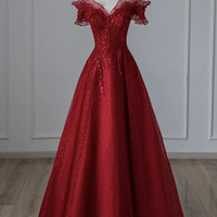 Burgundy tulle sequins long prom dress evening dress - Thumbnail 3