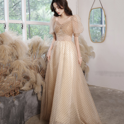 Champagne tulle long prom dress a line evening dress - Thumbnail 1