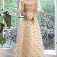 Champagne tulle long prom dress A line evening dress - Thumbnail 3