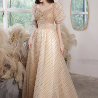 Champagne tulle long prom dress A line evening dress - Thumbnail 7