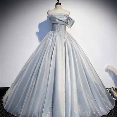 Gray tulle lace long ball gown dress formal dress - Thumbnail 1