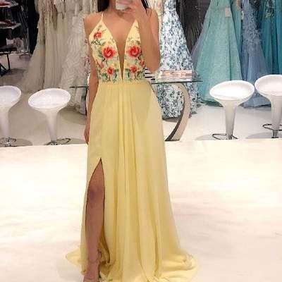 Sp1122,light yellow chiffon embroidery v-neck long prom evening dresses