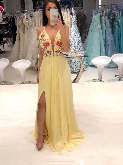 SP1122,Light yellow chiffon embroidery v-neck long prom evening dresses