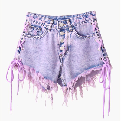 Pastel purple lace up cross tie-dyed fringed ripped denim shorts