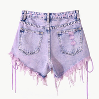 Pastel Purple Lace up Cross Tie-dyed Fringed Ripped Denim Shorts - Thumbnail 1