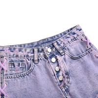 Pastel Purple Lace up Cross Tie-dyed Fringed Ripped Denim Shorts - Thumbnail 2