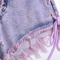 Pastel Purple Lace up Cross Tie-dyed Fringed Ripped Denim Shorts - Thumbnail 3