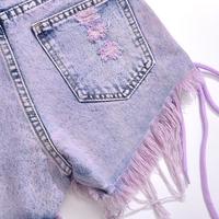 Pastel Purple Lace up Cross Tie-dyed Fringed Ripped Denim Shorts - Thumbnail 4