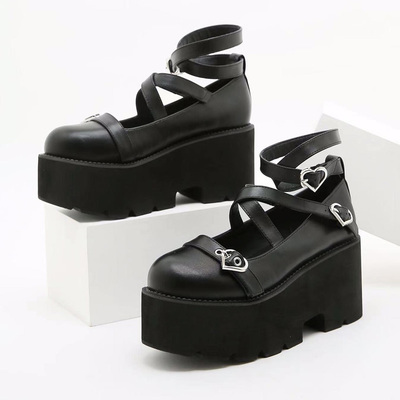 Crisscross strap heart buckles platform shoes