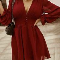 Sexy Long Sleeve Red Chiffon Dress - Thumbnail 1