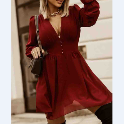 Sexy long sleeve red chiffon dress - Thumbnail 3