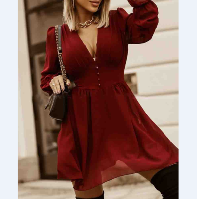 Sexy Long Sleeve Red Chiffon Dress
