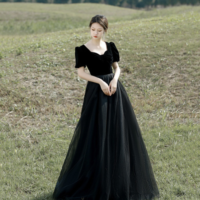 Black tulle long prom dress black evening dress - Thumbnail 1