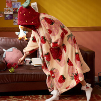 Strawberry Hooded Bathrobe Pajamas Fleece Nightwear Nightgown - Thumbnail 2