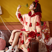 Strawberry Hooded Bathrobe Pajamas Fleece Nightwear Nightgown - Thumbnail 1