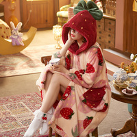 Strawberry Hooded Bathrobe Pajamas Fleece Nightwear Nightgown - Thumbnail 3