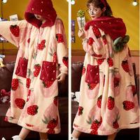 Strawberry Hooded Bathrobe Pajamas Fleece Nightwear Nightgown - Thumbnail 4