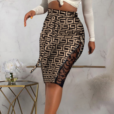 Sexy Print Slit Zipper Skirt