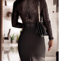 V-Neck Casual Sequins Splicing Long Sleeve Dress - Thumbnail 2