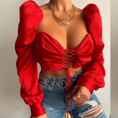 Women's solid color wrap chest sexy long sleeve t-shirt top