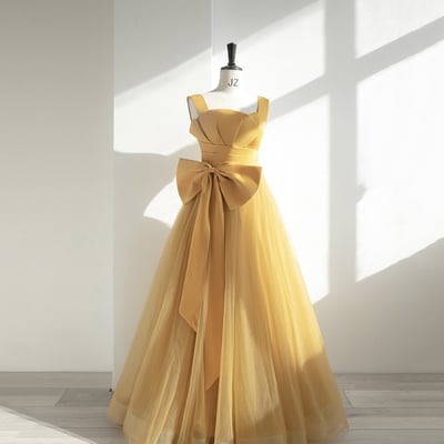 Yellow tulle long prom dress a line evening dress - Thumbnail 2